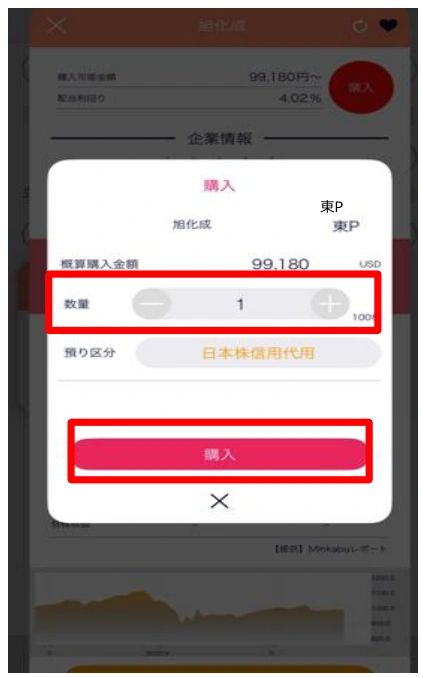 DMM株で購入数量を1単元に設定する画面
